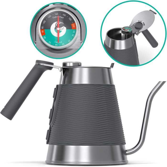 Coffee Gator True Brew Pour Over Coffee Kettle – Professional Pouring Kettle with Precise Swan Neck Spout, Integrated Thermometer, and Quick Fill Lid – Suitable for All Stove Tops – 1.6l