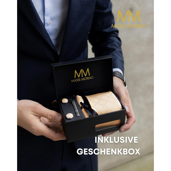 Набір краваток Massi Morino для чоловіків з нагрудним хустиною, краватковою голкою та затискачами для краваток, подарункова коробка - ідеальний вибір для весілля, універсальний розмір (Champagne Square)