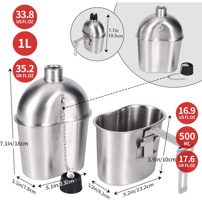 Goetland Stainless Steel US Military Field Bottle Set 1.2l with 0.6l Cup Nylon Bag Water Bottle Cooking Pot Camping Cup (1 Liter with 0.5 Liter)