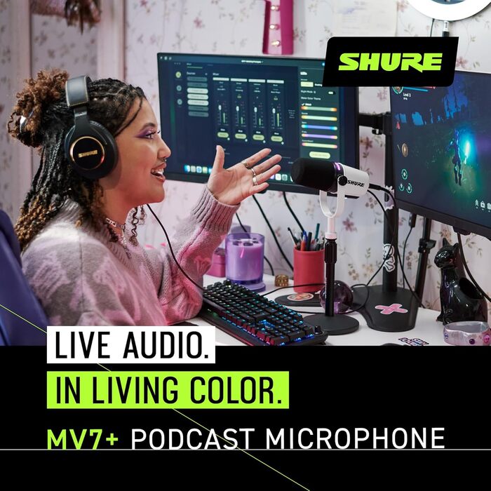 Мікрофон Shure MV7+ Gen 2 для подкастів, стрімінгу та запису – білий. USB/XLR, LED-сенсор, авто-регулювання рівня, цифровий поп-фільтр