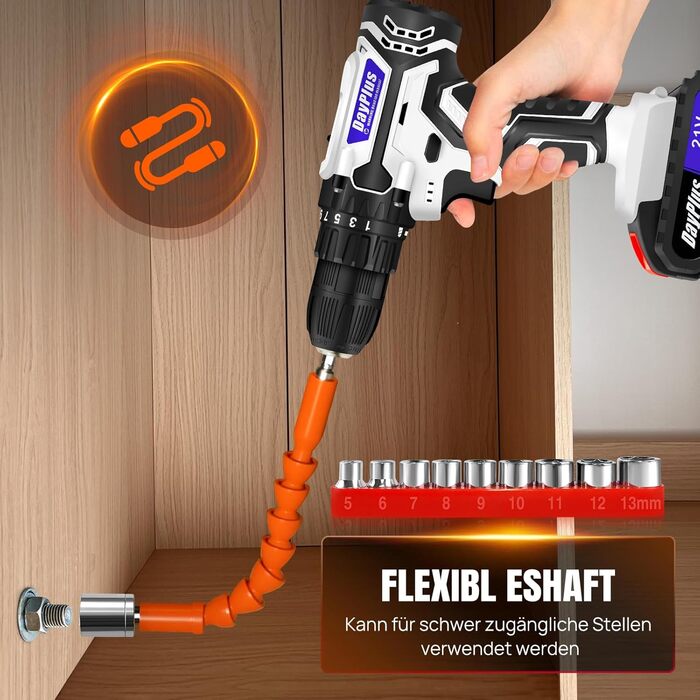 Акумуляторний шуруповерт 21V Set, білий: комплект з акумулятором 1.5Ah, швидкою зарядкою, 45Nm, 25+1 ступенів, LED-ліхтик, 26 предметів аксесуарів для ремонту та DIY