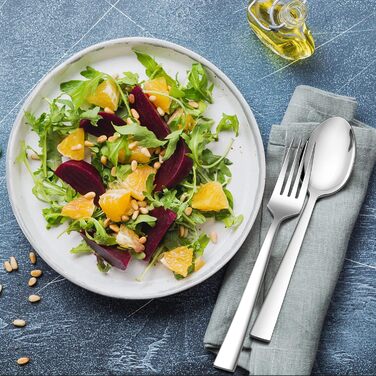 Набір столових приборів Herogo на 6 осіб (36 предметів) з нержавіючої сталі. Включає виделки, ножі, ложки, спеціальні ножі для стейку. Підходить для дому та ресторану, миється в посудомийній машині. Квадратний дизайн.