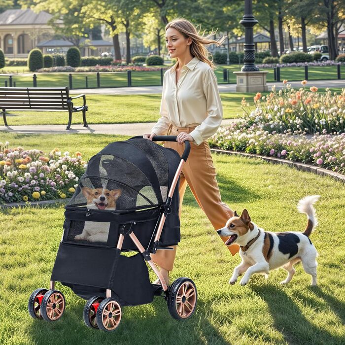 Візок для собак DWVO 3-в-1: візок, переноска, сумка для транспортування. Підходить для собак та котів до 22 кг. Зручний, складаний, з міцними EVA-колесами, кошиком та сітковими віконцями. Розміри: 58,5x76x105 см. Чорний колір.