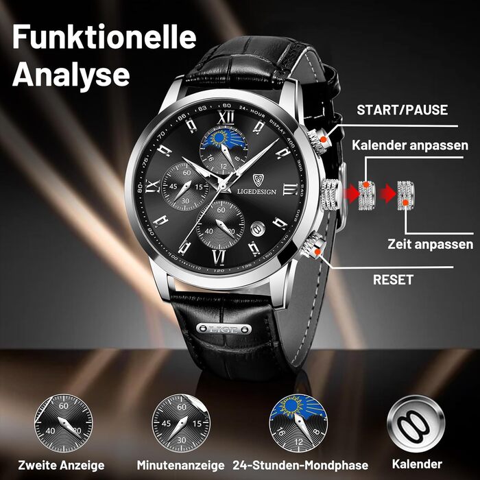 Годинник чоловічий LIGE, Хронограф, Аналоговий кварц, Ремінець зі шкіри, Календар, Світлодіодне підсвічування, Водостійкий 3ATM, Чоловічий годинник для бізнесу та відпочинку, Чорний