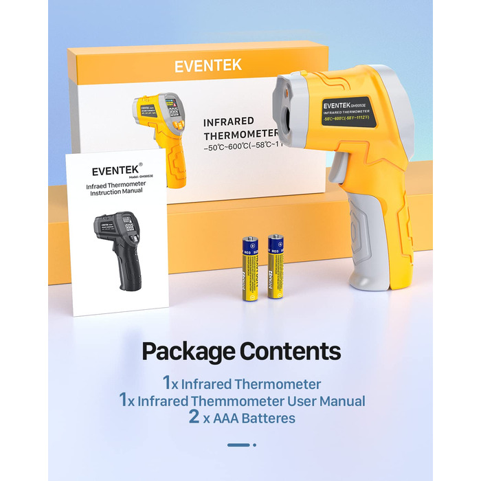 Інфрачервоний термометр Eventek -50°C ~ 600°C з лазером, регулюванням випромінювання та LCD-дисплеєм для гриля, піци, кухні та промисловості (жовтий)