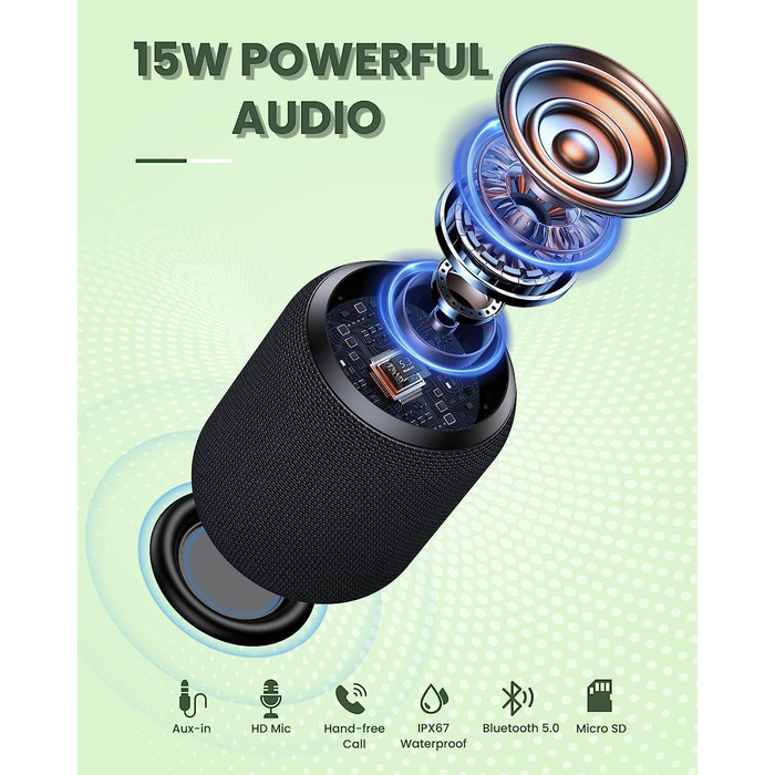 Bluetooth колонка NOTABRICK портативна, водонепроникна IPX67, бездротова 5.0, стерео бас, акумулятор 15 год, підтримка SD/TF/AUX, для дому, вулиці, пляжу, подорожей (чорна)