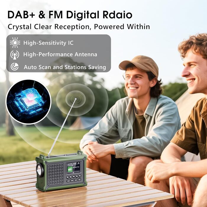 Радіоприймач Kurbelradio з DAB/DAB+/UKW, акумулятор 12000mAh, сонячна панель 8500mm², ручний генератор, Bluetooth 5.0, ліхтарик та світло для читання, для відпочинку на природі, кемпінгу, зелений