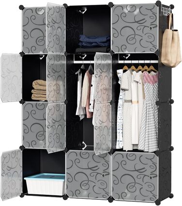 DIY Closet Shelf System, 16 Cubes Wardrobe Closet, Open Wardrobe, Plastic Wardrobe with Doors, Wardrobe Cabinet, Black, 180 x 142 x 37CM (Black 12 Cubes with Clothes Hooks)