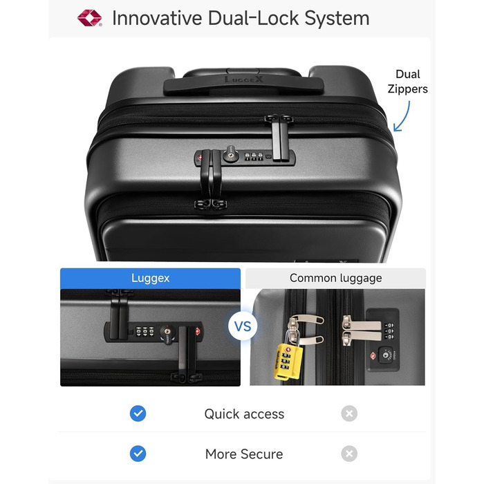 Чемодан-валіза LUGGEX на ручках з відділенням для ноутбука – розширюваний жорсткий валіза з полікарбонату з TSA-замком (Чорний, 56×38×24 см)