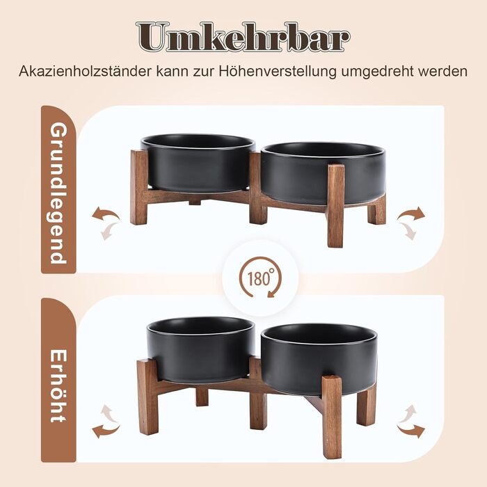 Миска для собак SpunkyJunky з кераміки, подвійна, піднята, з підставкою з акації, для котів та собак (400 мл, чорна)