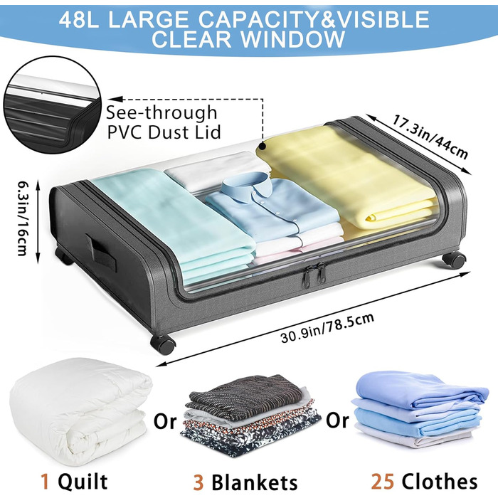 Коробка для зберігання під ліжком 2 шт. з кришкою, 48L, металевий каркас, органайзер для одягу, взуття, ковдр, постільної білизни, сірий колір