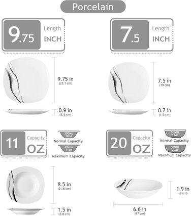 VEWEET Набір посуду з порцеляни для 4 осіб (24 елементи), серія FIONA: чорно-сірий декор, 12 елементів (тарілки та миски), підходить для щоденного використання, миється в посудомийній машині та розігрівається в мікрохвильовці