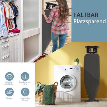 Відкидна прасувальна дошка з підставкою для праски, регульована по висоті, з неслизькими ніжками, компактна, чорна (122 x 38 см)