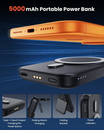 GEEKERA 3-в-1 Магнітна бездротова зарядка Powerbank 5000mAh: для iPhone 12-17, Apple Watch, AirPods, Samsung Galaxy - Чорний