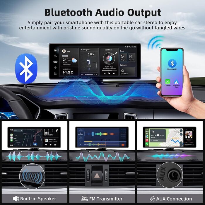 10.26-дюймовий бездротовий дисплей CarPlay/Android Auto для авто з 4K відеореєстратором, 1080P камерою заднього виду, GPS, Bluetooth, FM, 64 ГБ, підтримка Siri/Google Assistant, Mirror Link