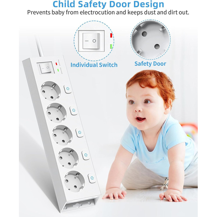 Мережевий фільтр Steckdoseleiste 5-fach з вимикачами, захистом від перенапруги 1050J, для дому та офісу, білий, кабель 2м