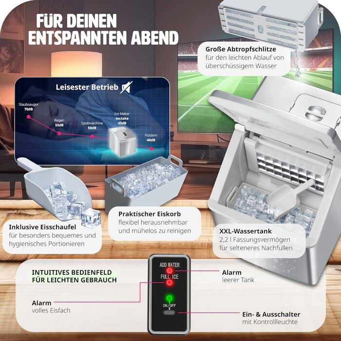 TecTake Professional Ice Cube Machine, Ice Cube Maker for Clear Ice Cubes, Ice Cube Maker, 13 Kg 24 h, 2.2 Liter Water Tank, 24 Ice Cubes per Cycle, incl. Ice Bucket and Ice Scoop - Silver