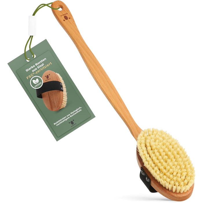 QUOALA® Преміум щітка для тіла/масажна щітка – FSC-сертифікована, натуральна щетина (сизаль & кінська шерсть) – щітка для тіла з довгою ручкою для спини, для сухого та вологого використання – 100% Made in Germany (жорстка щетина)