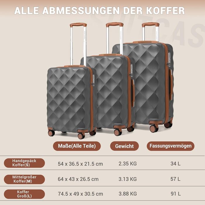 Набір валіз для подорожей British Traveller, 2 предмети, жорсткий корпус, замок TSA (Сірий, 34Л + 57Л)