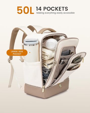 LOVEVOOK Рюкзак для ручної поклажі з окремим відділенням для взуття, 40L рюкзак для жінок, великий, з відділенням для мокрого та сухого, Travel Backpack, Carry On Luggage для подорожей, Бежевий, Зелений, 40L (3 шт.)