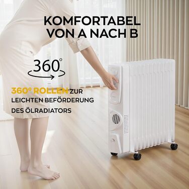 Електричний масляний радіатор Heinrich з 13 ребрами, 2500W, з вентилятором, терморегулятором, захистом від перегріву та нахилу, чорний