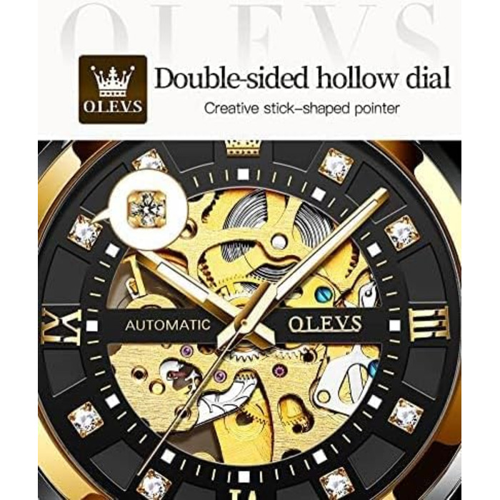 Чоловічий механічний годинник OLEVS Gold Skeleton з автопідзаводом, розкішний сталевий корпус з діамантами, водонепроникний, сріблясто-золотий з чорним циферблатом