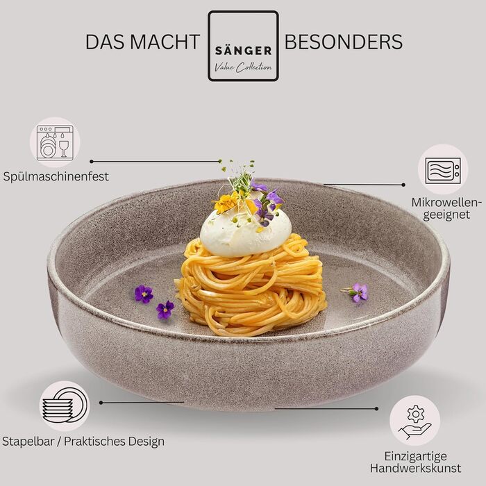 Набір тарілок SÄNGER Kairo Clay (6 шт.) | Тарілки для пасти з кераміки, 800 мл | Стійкі до подряпин, підходять для миття в посудомийній машині та мікрохвильовій печі