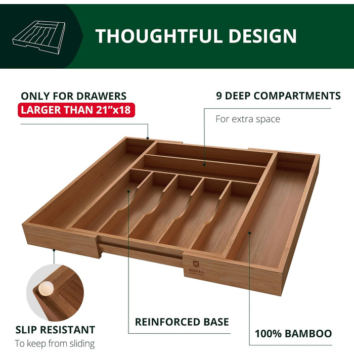 Органайзер для столових приборів ROYAL CRAFT WOOD з бамбука, 9 відділень, коричневий