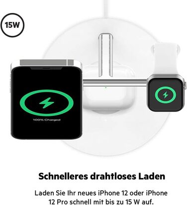 Belkin BoostCharge Pro 3-в-1 MagSafe Бездротове Зарядне Пристрої для iPhone 13, Apple Watch та AirPods (15W) - Білий