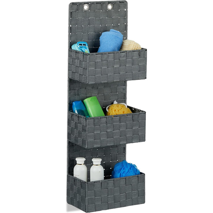 Relaxdays Hanging Organizer Fabric, Over-the-Door Organizer with 3 Storage Baskets, Wall Organizer Bathroom, PP, HBT: 75x25x15cm, gray