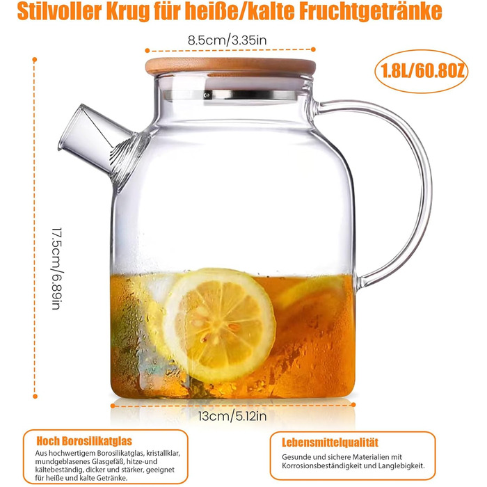 Скляний чайник з ситечком 1800 мл з дерев'яною кришкою, термостійкий боросилікатний чайник для квіткового чаю та соків