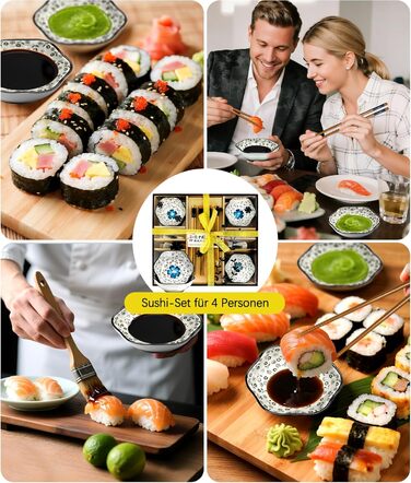 Набір для суші на 4 особи, 12 предметів, кераміка, набір для подачі суші, керамічні соусники, дизайн 'Плюм-квіт', ідеальний подарунок