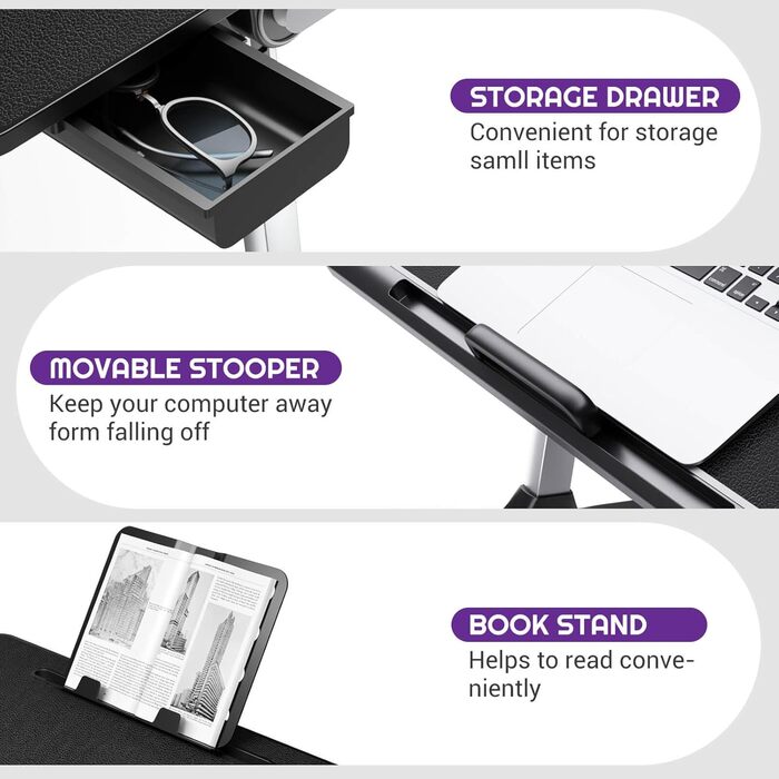 NEARPOW Підставка для ноутбука в ліжко, XXL, регульований столик для комп'ютера, стійка для ноутбука в ліжко або на диван, підставка для книг та ящик (Чорний)