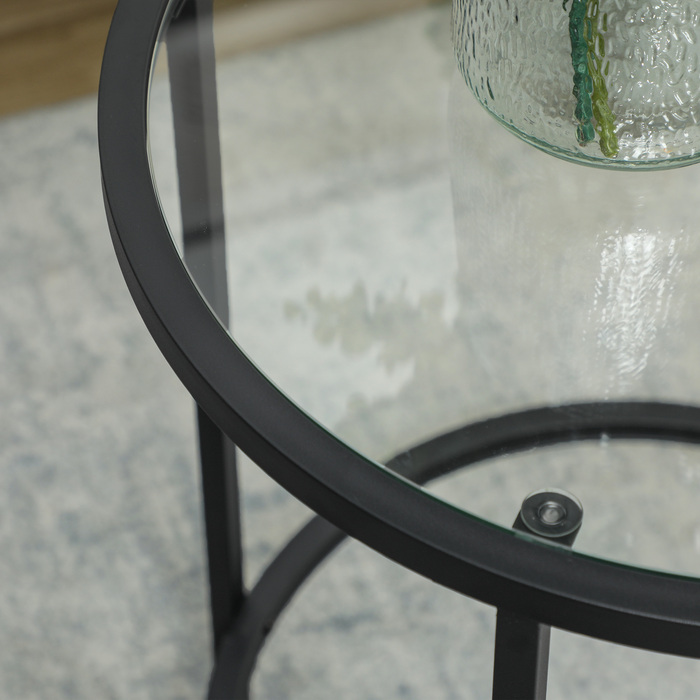 HOMCOM Side Table Round Coffee Table with Glass Tabletop, Metal Frame, Coffee Table, Nightstand for Living Room, Bedroom, Black, Ø48 x 54.7 cm | Aosom
