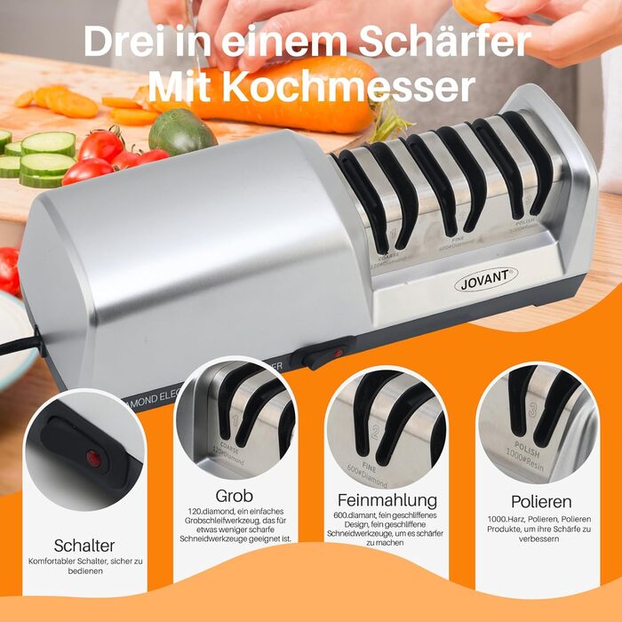 Електричний точило для ножів 15 градусів 3-в-1 для м'яса та овочів, професійний, для грубого, тонкого шліфування та полірування кухонних ножів (включно з кухонними ножами)