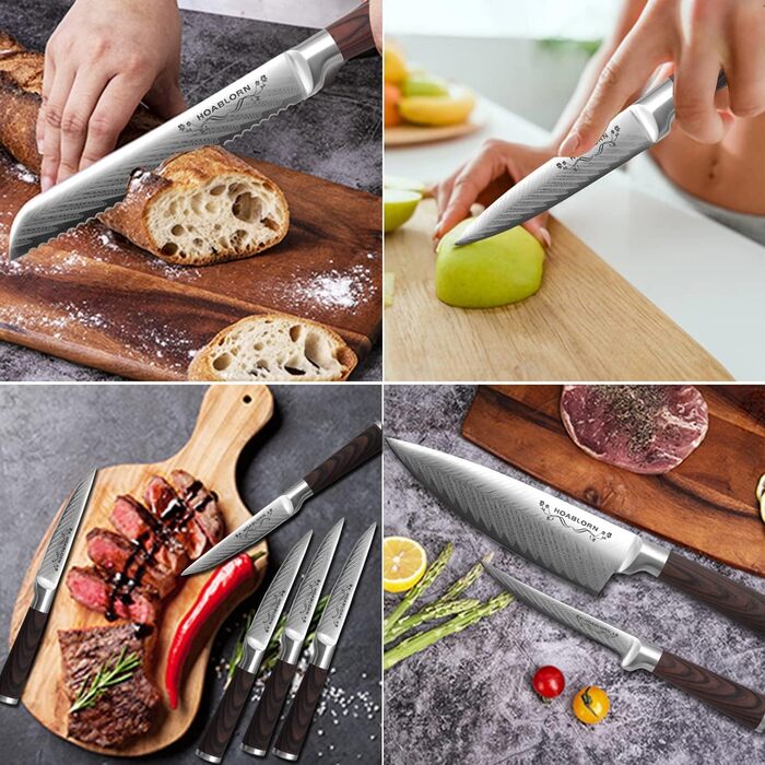 Набір кухонних ножів Hoablorn 15 предметів з блоком: високоякісні ножі з акціїєю, підставка з міцним магнітом, ідеальний подарунок на новосілля та весілля