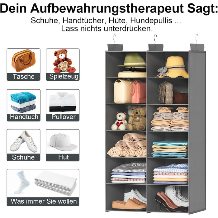 Організатор для шафи з 6 полицями, сірий - для одягу, з металевими гачками, компактний, для спальні, гуртожитку