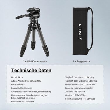Міні-штатив NEEWER з карбонового волокна (TP10) для DSLR камери, смартфона та відеокамери, з кулястою головою 360°, тримачем для телефону та пультом керування, компактний дорожній штатив