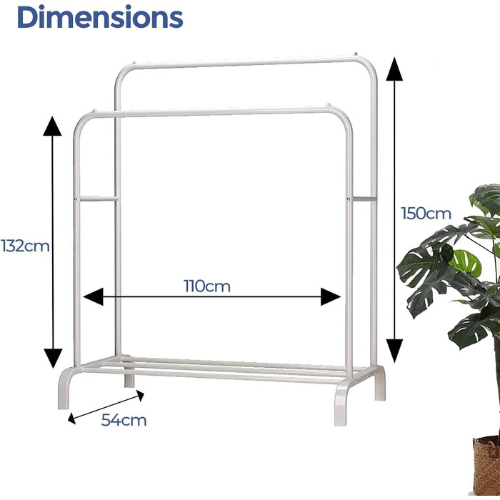 Металева вішалка для одягу Edihome з полицею для взуття, подвійна, 110 x 150 x 54 см (біла)
