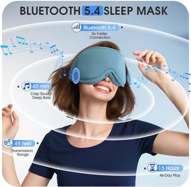 Маска для сну з навушниками Bluetooth Dolida, 3D бамбукова маска для очей з мікрофоном для жінок та чоловіків, зручна для сну на боці (Сіро-блакитна)