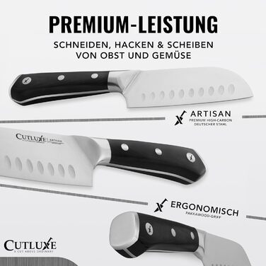 Ніж Cutluxe Santoku 13 см – універсальний ніж для риби, м'яса, суші. Виготовлений з німецької сталі, надзвичайно гострий, ергономічний дизайн