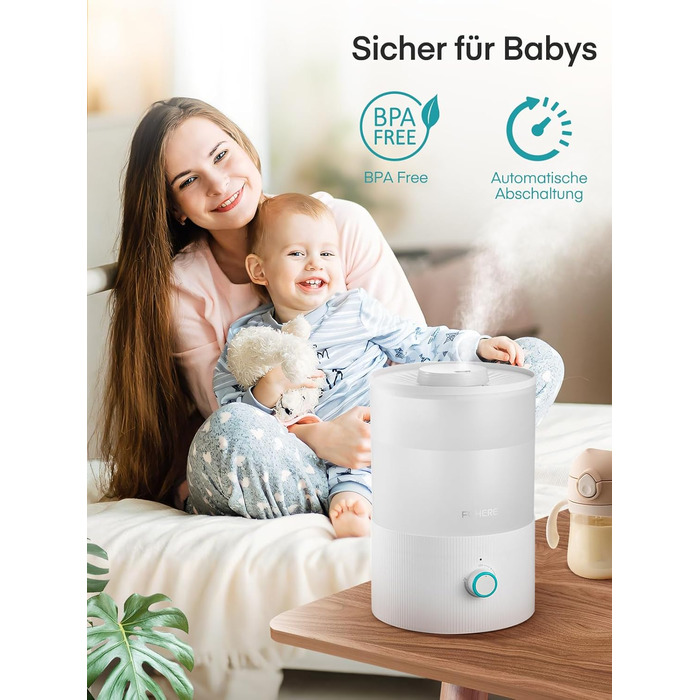 Зволожувач повітря FOHERE для спальні, 3.2л, тихий, для дітей, з верхнім заповненням, 28 годин роботи, 360° охолоджуючий туман, BPA-free, аромадифузор, нічне світло 7 кольорів для рослин, дому, офісу