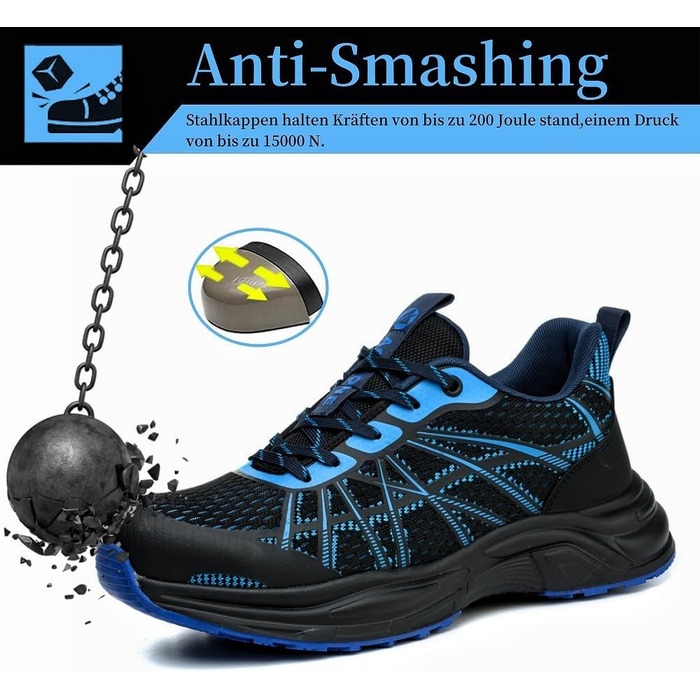Черевики безпеки для чоловіків та жінок. Легкі спортивні робочі черевики з металевим носком, неслизькі, дихаючі. Розмір 44 EU, синій.