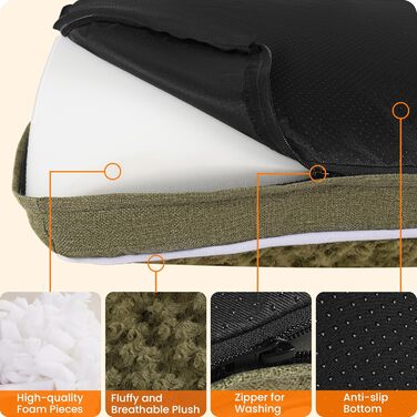 Ортопедичне ліжко для собак, килимок для собак з двошаровим дизайном, миється, знімний кошик для собак, 90 см для маленьких та середніх собак (89 x 59 x 10 см, оливковий)