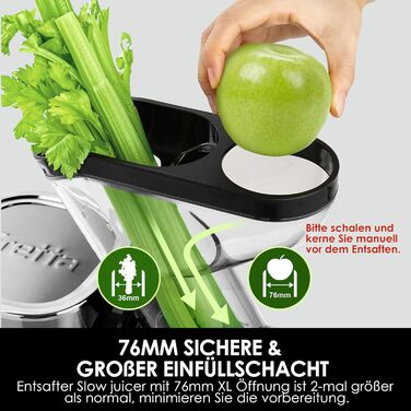 Електричний соковитискач Fretta Slow Juicer з нержавіючої сталі, 200W, Cold Press, велика завантажувальна горловина 76 мм, висока сафровидача, легке очищення, без BPA