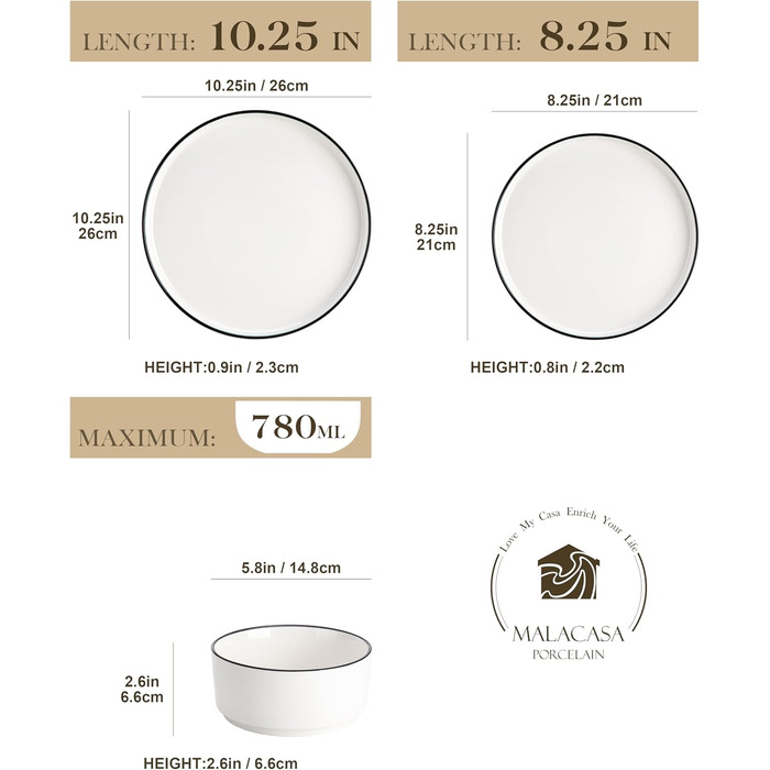 MALACASA, Leah Series, Dinnerware Set for 4 People, 12-Piece Porcelain Tableware Set, Combination Set, White Dinnerware with Black, Dinnerware Set consisting of 4x Dinner Plates, 4x Dessert Plates, 4x Cereal Bowls with Black Rim, 12-Piece