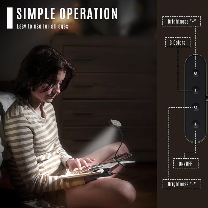 Ліхтар для читання LQWELL на шию, LED лампа для книги, 3 кольори/яскравість, гнучкий, акумуляторний, для читання, рукоділля (чорний, прямокутна - 3 шт)