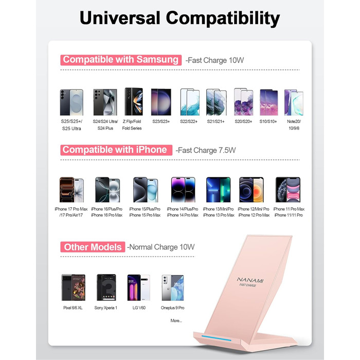 Бездротовий зарядний пристрій NANAMI Qi з адаптером USB-C 20W PD, сумісний з iPhone 17/16/15/14/13/12 Pro Max XR 8 та Samsung Galaxy S25/S24/S23/S22 (рожевий)