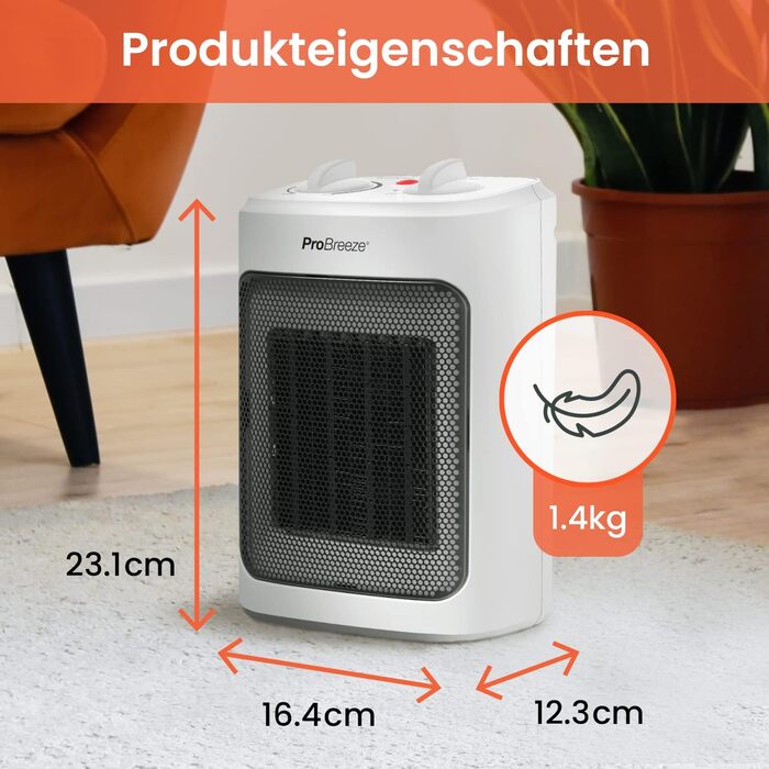 Керамічний обігрівач Pro Breeze 2000W з термостатом, електрична теплова гармата з 3 рівнями нагріву, захистом від перегріву та перекидання, білий