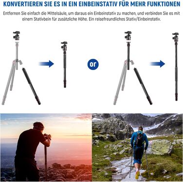 Штатив NEEWER 77' для камери, монопод, сумісний з DSLR та смартфоном, 360° кульковий голівкою, 2-осьова центральна колонка, QR-плита Arca, сумка, максимальне навантаження 15,4 кг, TP77 (карбоновий штатив з 2 осями)
